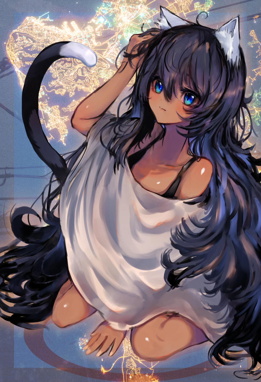 1girl absurdres animal_ears bare_shoulders black_hair blue_eyes blush cat_ears cat_tail dark_skin highres long_hair looking_at_viewer natsume-same original sitting solo tail very_long_hair wariza