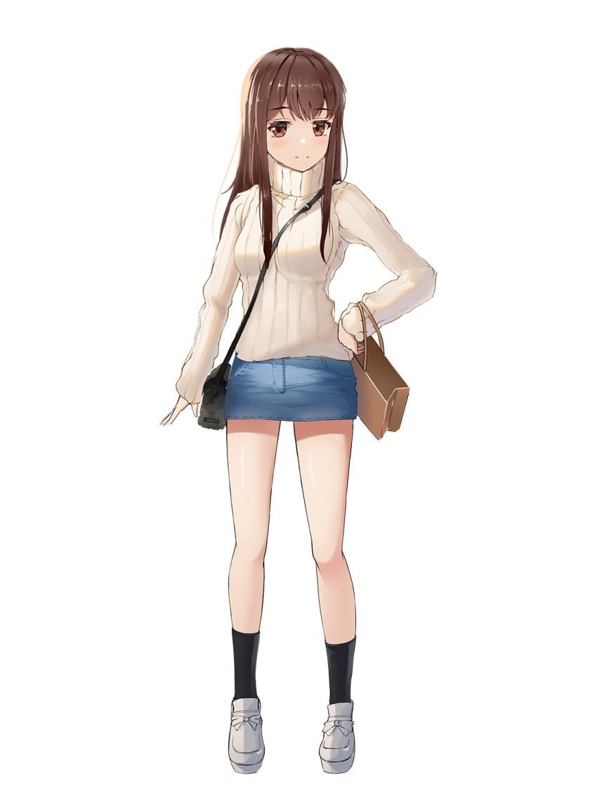 1girl bag black_legwear blush brown_eyes brown_hair chic_(5666111) denim denim_skirt full_body hand_on_hip handbag highres long_hair looking_at_viewer original ribbed_swearter shoes shopping_bag skirt smile standing sweater white_footwear