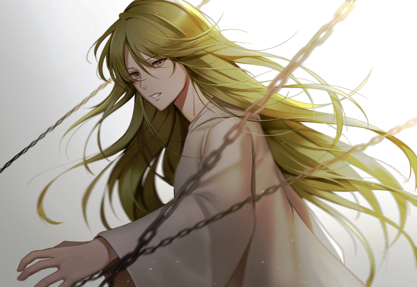 androgynous chains enkidu_(fate/strange_fake) eyebrows_visible_through_hair fate/grand_order fate/strange_fake fate_(series) gradient gradient_background green_eyes green_hair hair_between_eyes highres long_hair long_sleeves looking_at_viewer mohazzing partially_opened_mouth simple_background upper_body white_robe wide_sleeves