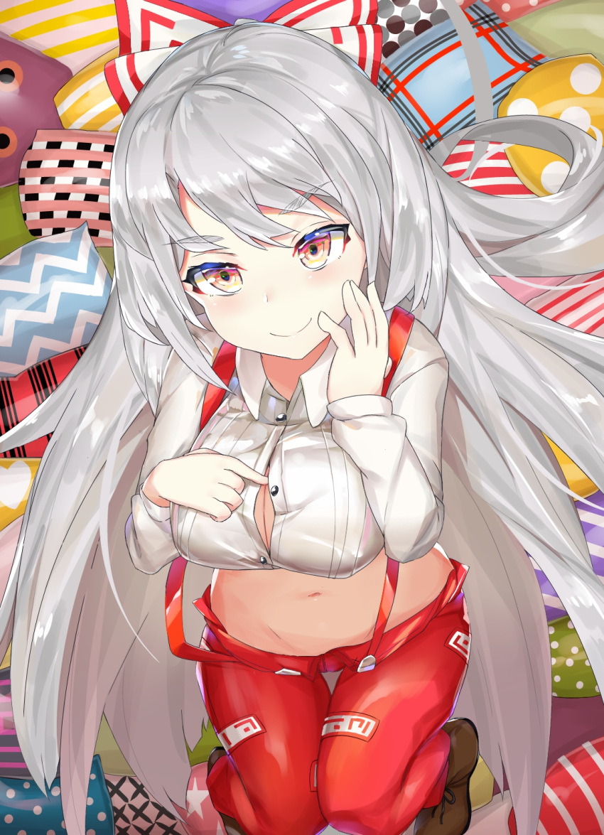 1girl ashu bangs bow breasts brown_footwear buttons cleavage closed_mouth collared_shirt cropped_shirt eyebrows_visible_through_hair from_above fujiwara_no_mokou hair_bow hand_on_own_chest hand_to_own_face hands_up head_tilt highres long_hair long_sleeves looking_at_viewer looking_up midriff navel ofuda ofuda_on_clothes open_clothes open_fly open_pants pants partially_unbuttoned pillow red_eyes red_pants shirt shoes silver_hair smile solo stomach suspenders thigh_gap touhou tsurime very_long_hair white_shirt wing_collar