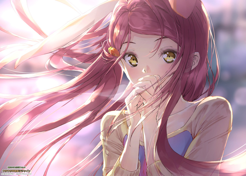 1girl animal_ears carrot_hair_ornament commentary_request ek_masato food_themed_hair_ornament hair_blowing hair_ornament hands_over_mouth hands_together long_hair looking_at_viewer love_live! love_live!_sunshine!! rabbit_ears redhead sakurauchi_riko solo upper_body yellow_eyes