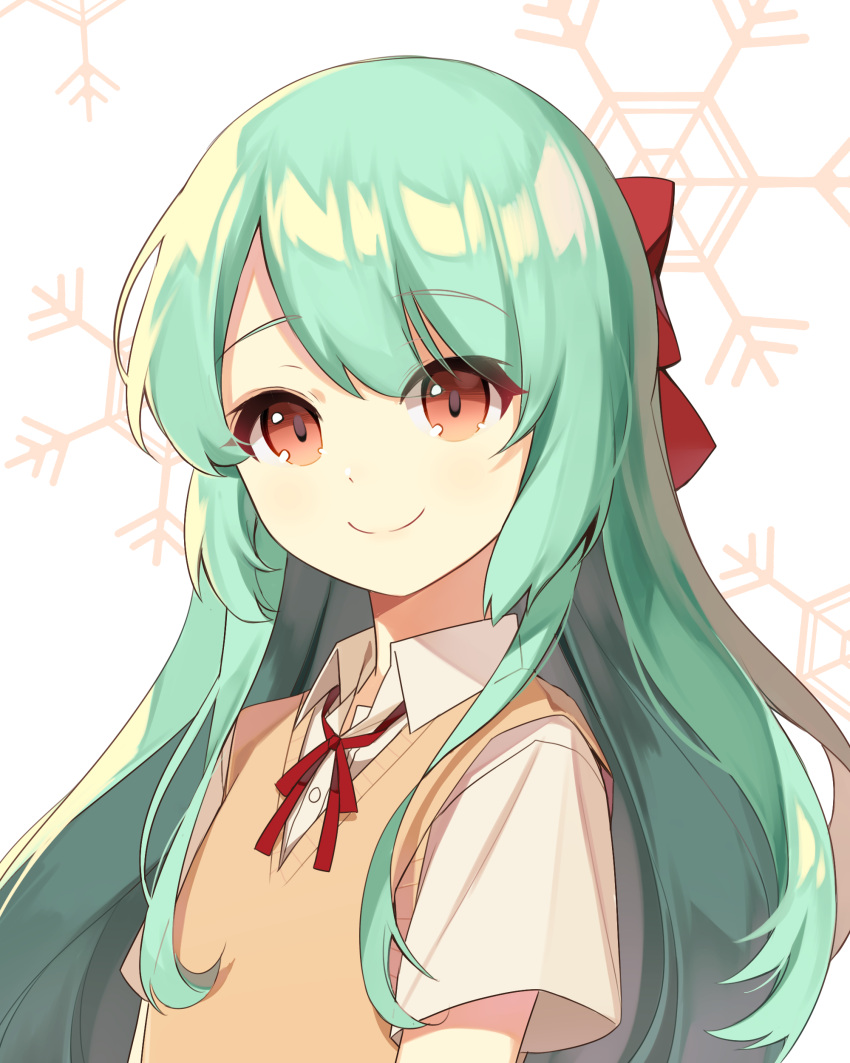 1girl absurdres bow brown_eyes closed_mouth commentary_request eyebrows_visible_through_hair green_hair hair_bow highres long_hair looking_at_viewer original sal school_uniform short_sleeves smile upper_body