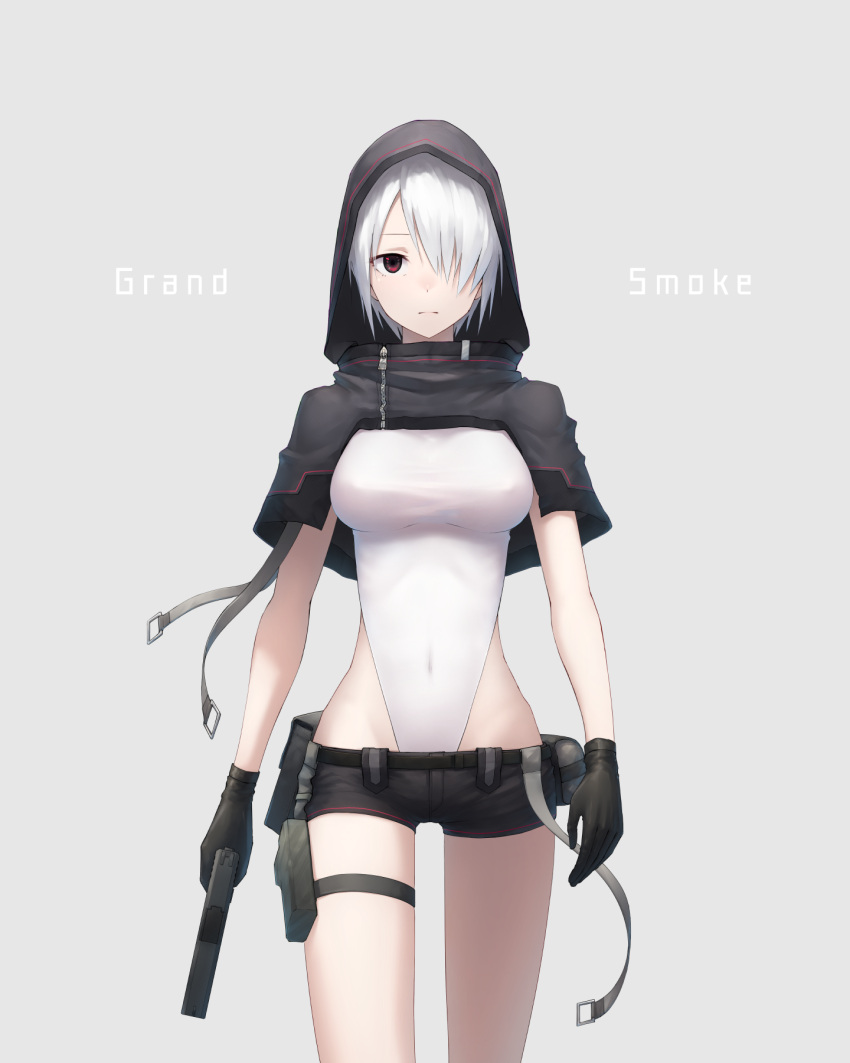 1girl allen.n capelet erect_nipples gloves gun hair_over_one_eye handgun highres holding holding_gun holding_weapon hood leotard original pistol red_eyes short_hair short_shorts shorts simple_background solo weapon white_hair