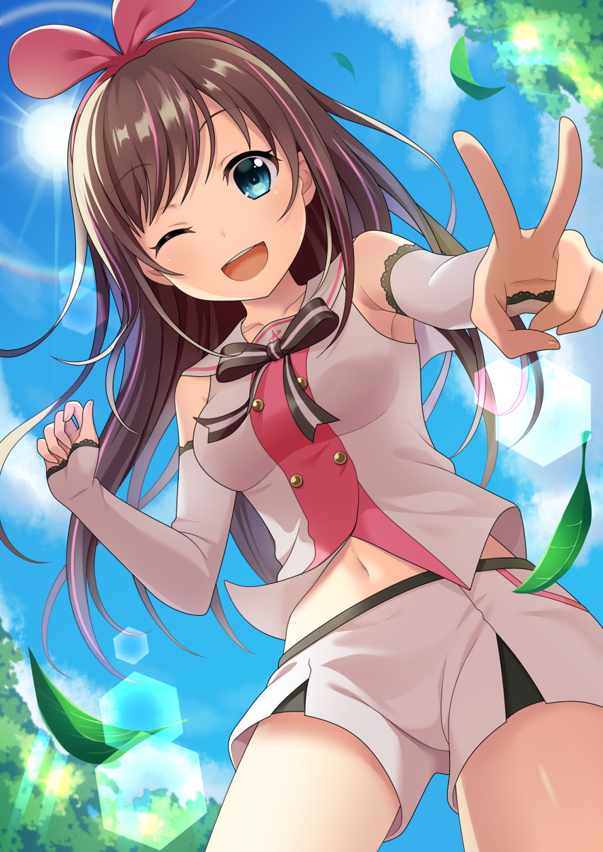1girl ;d a.i._channel aqua_eyes arm_warmers blue_sky brown_hair clouds day eyebrows_visible_through_hair hairband highres kizuna_ai lace-trimmed_sleeves long_hair looking_at_viewer multicolored_hair navel one_eye_closed open_mouth pink_hair pink_hairband shorts sky smile solo sun sunlight two-tone_hair v virtual_youtuber white_shorts yuusa
