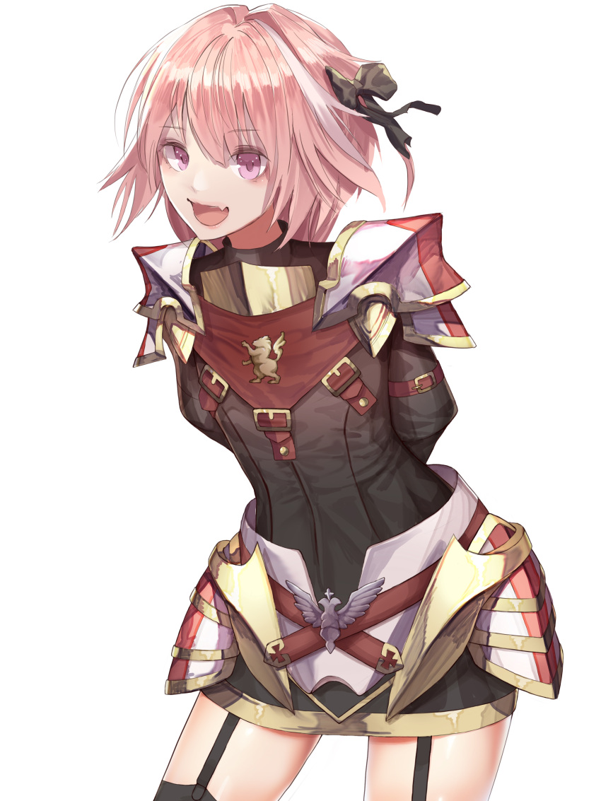 1boy :d absurdres arm_strap astolfo_(fate) bangs black_bow black_legwear black_shirt black_skirt bow buckle commentary_request contrapposto emblem eyebrows_visible_through_hair fang fate/apocrypha fate_(series) faulds garter_straps gold_trim gorget hair_between_eyes hair_bow hair_intakes highres legs_apart long_hair long_sleeves looking_at_viewer male_focus miniskirt multicolored_hair open_mouth pink_hair puffy_long_sleeves puffy_sleeves shiny shiny_hair shirt simple_background skirt smile solo spaulders standing streaked_hair thigh-highs trap turtleneck two-tone_hair violet_eyes white_background white_hair yanmaat