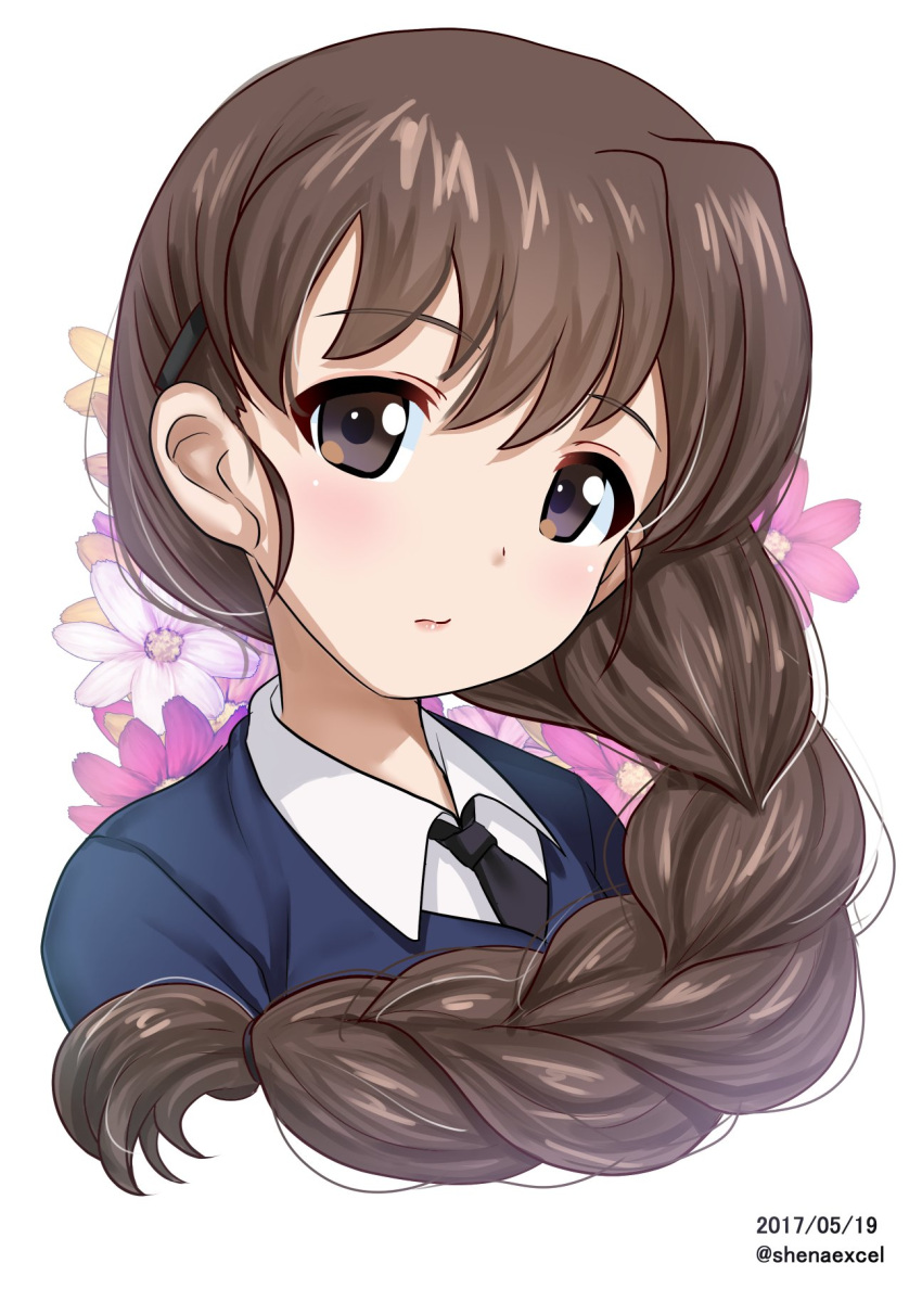 1girl bangs black_neckwear blue_sweater braid brown_eyes brown_hair closed_mouth commentary_request cropped_torso dated dress_shirt excel_(shena) eyebrows_visible_through_hair floral_background girls_und_panzer hair_over_shoulder hair_tie head_tilt highres light_frown long_hair looking_at_viewer necktie portrait rukuriri school_uniform shirt single_braid solo sweater twitter_username white_background white_shirt