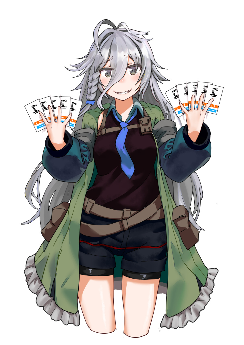 1girl absurdres ahoge ammunition_pouch bangs belt bike_shorts black_vest blue_neckwear blue_shorts blush braid brown_shirt card coat collared_shirt cropped_legs eyebrows_visible_through_hair eyes_visible_through_hair fang girls_frontline green_coat grey_eyes hair_between_eyes hair_flaps highres holding holding_card long_hair long_sleeves looking_at_viewer messy_hair multiple_belts necktie open_clothes open_coat parted_lips pouch rifusutaku shirt short_shorts shorts shorts_under_shorts sidelocks silver_hair simple_background single_braid sleeveless sleeveless_shirt smile solo strap thighs transparent_background very_long_hair vest wavy_mouth white_background wing_collar xm8_(girls_frontline)