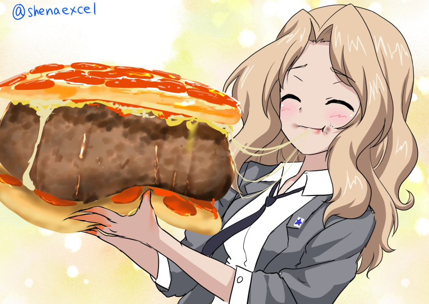 1girl :t black_neckwear blazer blonde_hair cheese closed_eyes closed_mouth commentary_request dress_shirt emblem excel_(shena) eyebrows_visible_through_hair food food_on_face girls_und_panzer grey_jacket hair_intakes hamburger highres holding holding_food jacket kay_(girls_und_panzer) long_hair long_sleeves necktie oversized_object pizza saunders_school_uniform school_uniform shirt sketch smile solo standing star twitter_username upper_body white_shirt wing_collar