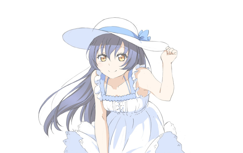 1girl bangs blue_hair blush commentary_request dress eyebrows_visible_through_hair hair_between_eyes hand_on_headwear hat highres long_hair looking_at_viewer love_live! love_live!_school_idol_project simple_background sleeveless smile solo sonoda_umi sun_hat sundress super-saiya-0173 white_background white_dress yellow_eyes