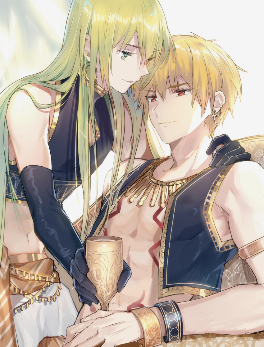 2boys abs androgynous armlet bare_shoulders blonde_hair bodypaint bracelet cup drinking_glass earrings elbow_gloves enkidu_(fate/strange_fake) fate/grand_order fate/strange_fake fate_(series) gilgamesh gloves green_eyes green_hair hand_on_another's_shoulder highres jewelry long_hair looking_afar looking_at_another multiple_boys navel necklace qingshui_ai red_eyes short_hair sitting smile trap upper_body wine_glass