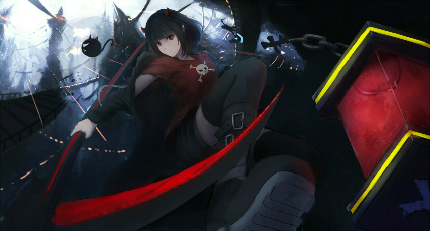 1girl bangs black_hair black_legwear blunt_bangs boots breasts closed_mouth eyebrows_visible_through_hair from_below highres holding horns jacket long_sleeves looking_at_viewer open_clothes open_jacket original pointy_ears red_eyes shimmer short_hair shorts thigh-highs zettai_ryouiki