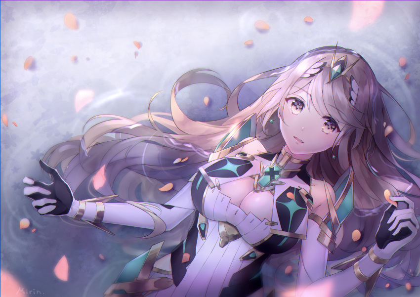 1girl absurdres armor blonde_hair blush breasts cleavage dress gloves highres mythra_(xenoblade) large_breasts long_hair looking_at_viewer mirin. smile solo xenoblade xenoblade_2 yellow_eyes