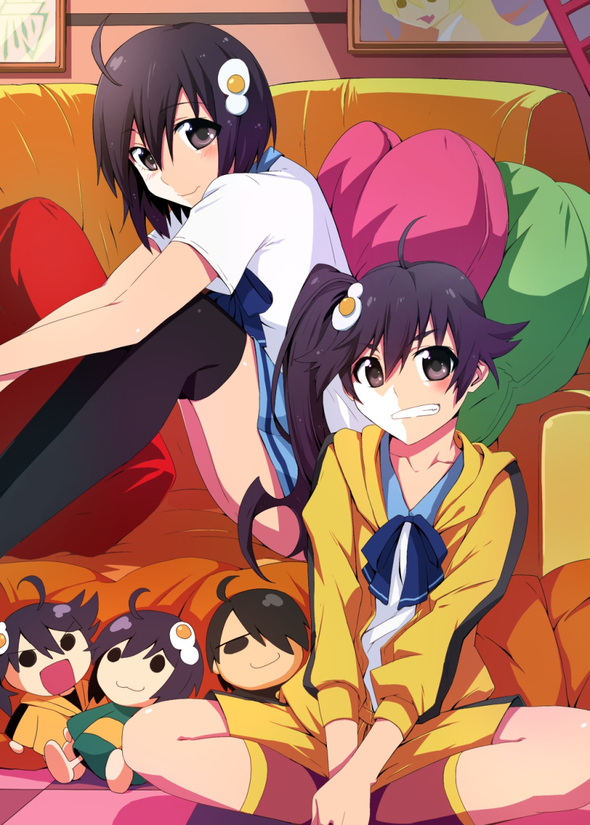 2girls ahoge araragi_karen araragi_koyomi araragi_tsukihi black_eyes black_hair black_legwear character_doll clenched_teeth couch egg_hair_ornament food_themed_hair_ornament hair_ornament highres indian_style kuro_(1968) long_hair looking_at_viewer monogatari_(series) multiple_girls nisemonogatari oshino_shinobu pillow short_hair siblings side_ponytail sisters sitting smile teeth thigh-highs