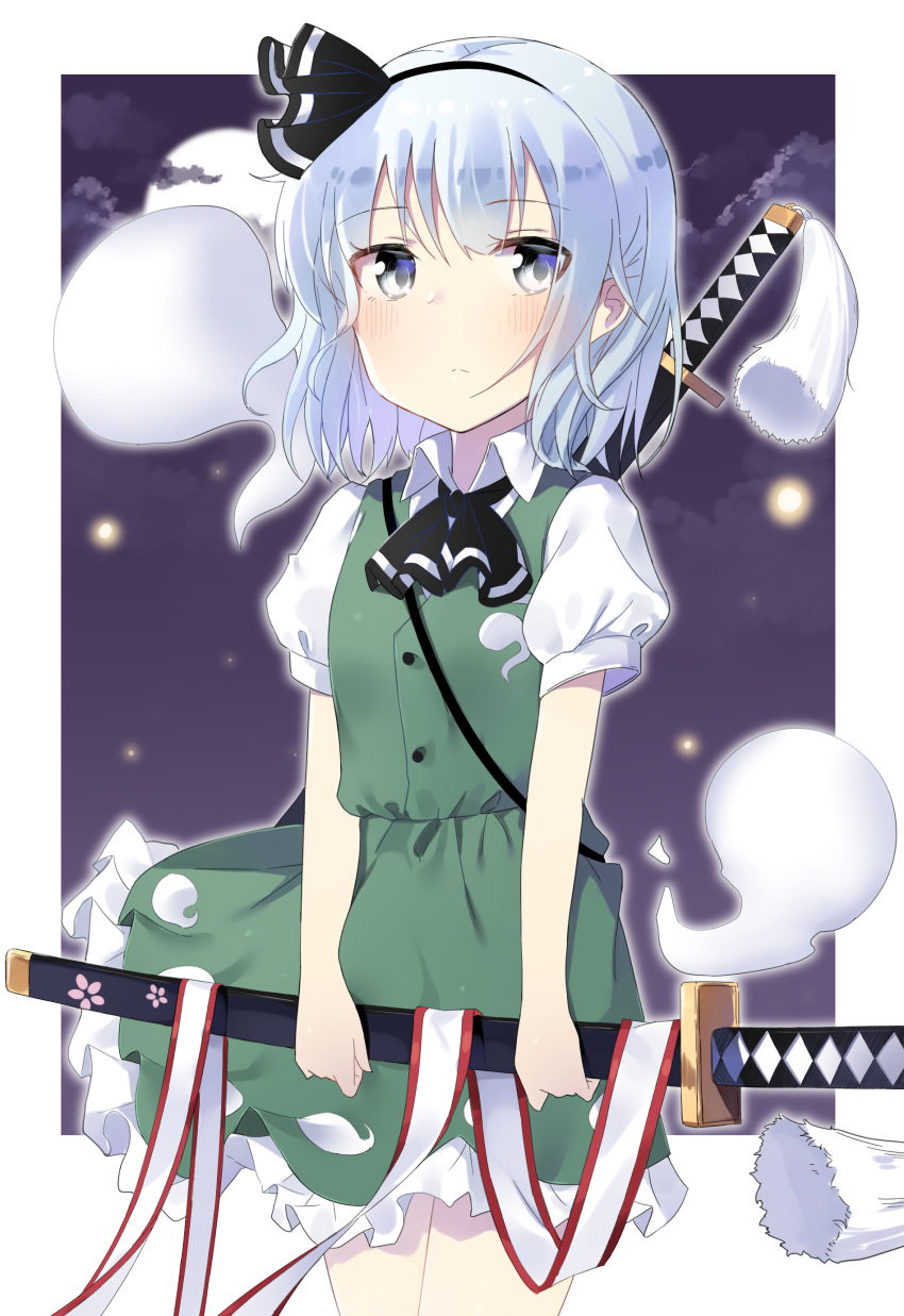 1girl absurdres bangs black_hairband black_ribbon blue_eyes blush closed_mouth eyebrows_visible_through_hair frilled_skirt frills green_skirt green_vest hair_ribbon hairband highres holding holding_sheath katana konpaku_youmu konpaku_youmu_(ghost) noria puffy_short_sleeves puffy_sleeves ribbon sheath sheathed shirt short_sleeves silver_hair skirt sword touhou vest weapon weapon_on_back white_shirt