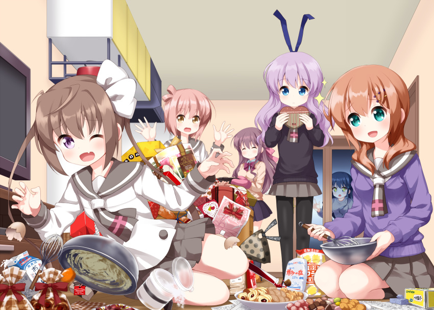 +_+ 6+girls :d :o ;d ^_^ black_legwear blue_eyes bowl box brown_hair closed_eyes commentary_request cookie eggshell falling fang food green_eyes hair_ornament hairclip hannen_hiroe heart highres ichinose_hana indoors kyouzuka_shion long_hair milk_carton momochi_tamate multiple_girls one_eye_closed open_mouth pantyhose pink_hair purple_hair ruu_(tksymkw) school_uniform sengoku_kamuri serafuku short_hair slow_start smile sparkle tagme tokura_eiko violet_eyes wavy_hair yellow_eyes