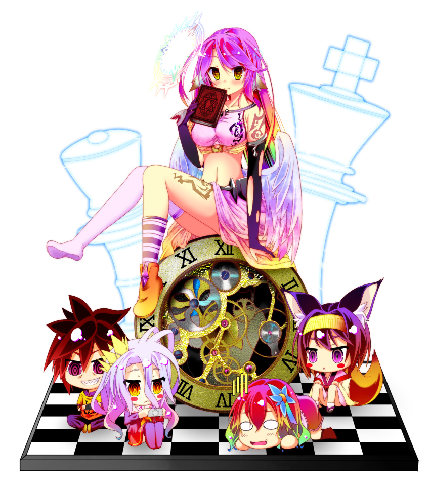 1boy 4girls :3 absurdres all_fours angel_wings animal_ears arm_support bags_under_eyes blush blush_stickers book boots breasts brown_hair chibi clock clothes_writing commentary_request crop_top crown feathered_wings flower fox_ears fox_tail geta gloves gradient_hair gradient_wings hair_flower hair_ornament hairband halo hatsuse_izuna highres japanese_clothes jibril_(no_game_no_life) kimono large_breasts long_hair low_wings magic_circle midriff mimi0846 mismatched_legwear multicolored multicolored_hair multicolored_wings multiple_girls navel no_game_no_life open_mouth pink_eyes pink_hair purple_hair redhead roman_numerals shiro_(no_game_no_life) shirt shoes short_hair short_kimono sideboob silver_hair single_shoe sitting slit_pupils smile sora_(no_game_no_life) spiky_hair stephanie_dora t-shirt tabi tail tattoo thigh-highs very_long_hair violet_eyes white_wings wing_ears wings yellow_eyes