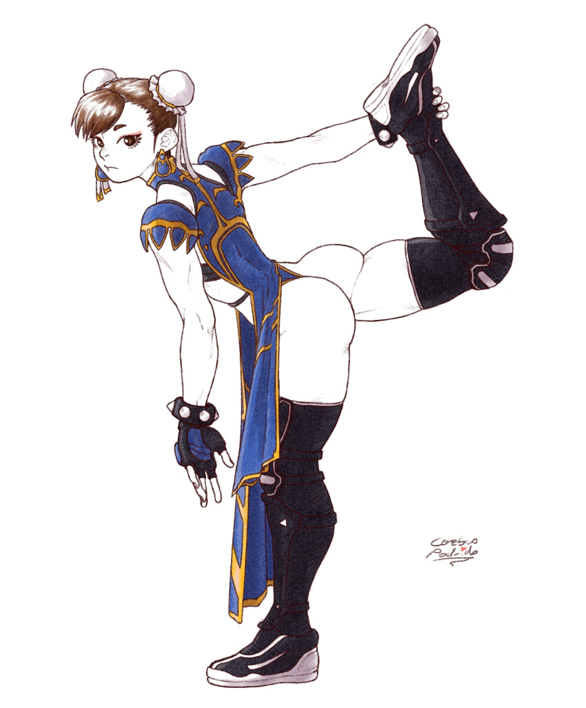 1girl alternate_costume ass boots bracelet brown_hair bun_cover cerebro_podrido chinese_clothes chun-li double_bun earrings fingerless_gloves flexible gloves highres jewelry leg_lift limited_palette looking_at_viewer simple_background solo spiked_bracelet spikes strap street_fighter stretch thigh-highs thigh_boots wedgie