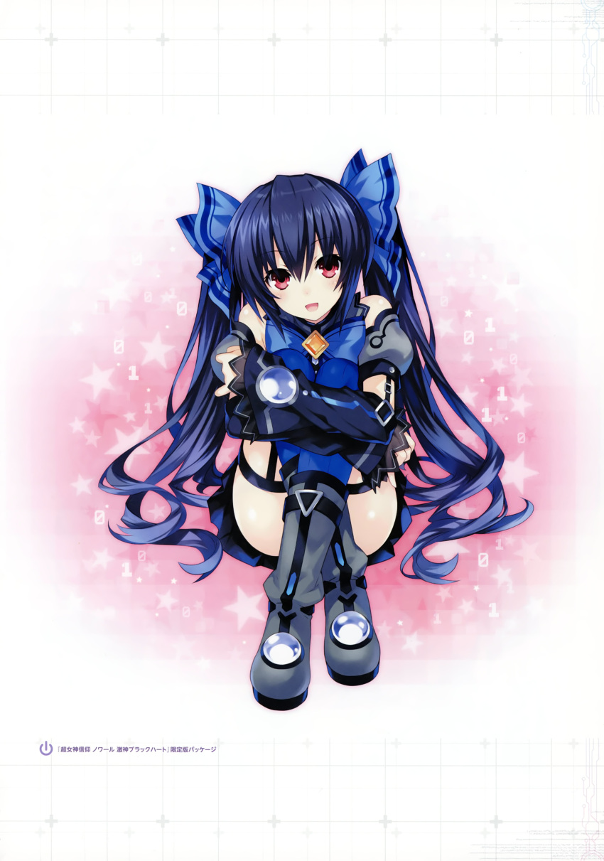 1girl absurdres arm_warmers bangs bare_shoulders binary black_hair blue_legwear boots eyebrows_visible_through_hair full_body gradient gradient_background highres leg_hug legs_crossed long_hair looking_at_viewer neptune_(series) noire open_mouth red_eyes scan simple_background sitting sleeveless smile solo star tsunako twintails
