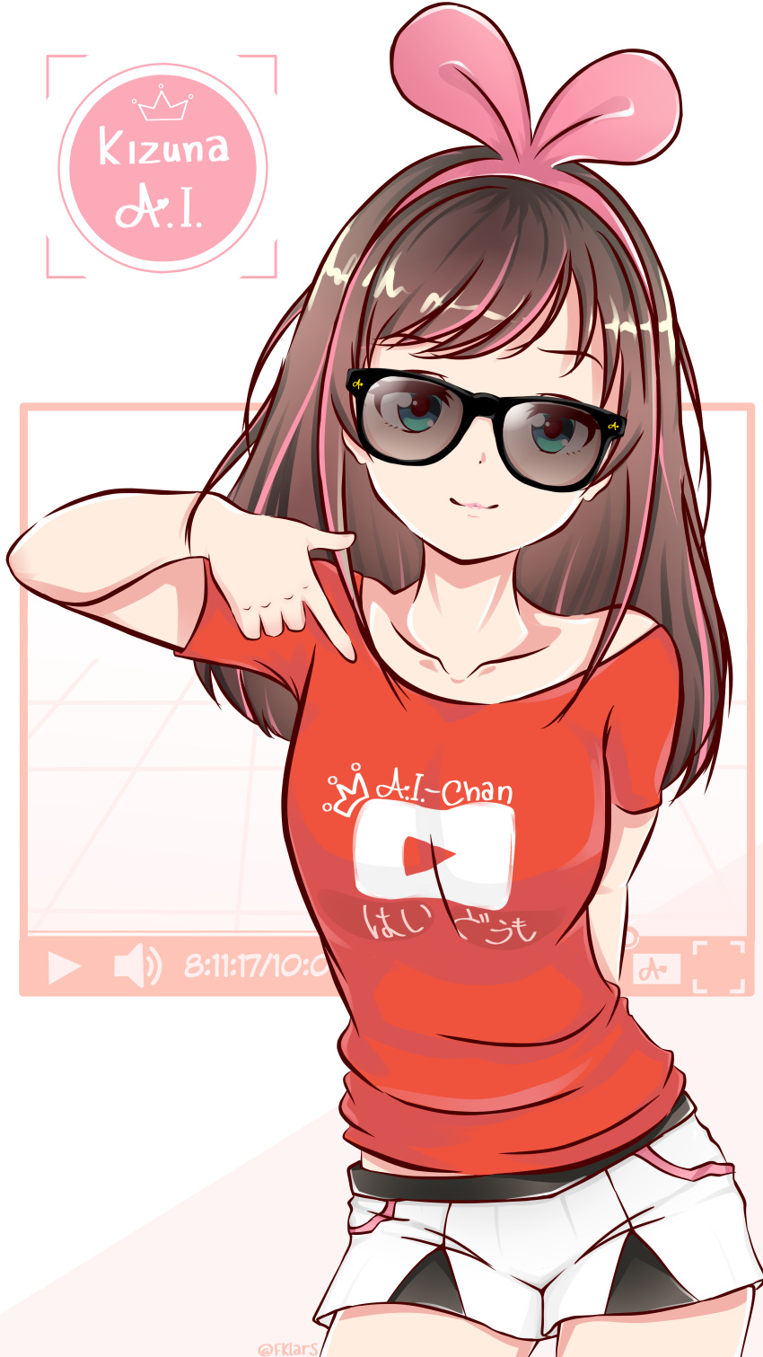 1girl :3 a.i._channel absurdres aqua_eyes arm_behind_back artist_name black-framed_eyewear breasts brown_hair character_name clothes_writing collarbone contrapposto cowboy_shot english_commentary eyebrows_visible_through_hair fklars glasses hair_ornament highres kizuna_ai long_hair looking_at_viewer medium_breasts multicolored_hair off_shoulder pink_hair play_button pointing pointing_at_self red_shirt shirt short_shorts short_sleeves shorts smug solo streaked_hair sunglasses t-shirt twitter_username virtual_youtuber white_shorts youtube