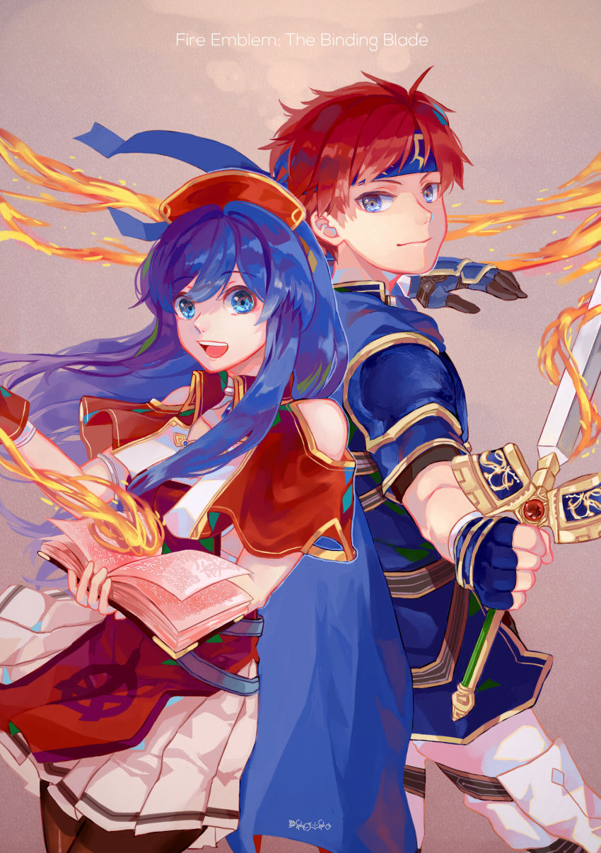 1boy 1girl absurdres armor artist_request blue_eyes blue_hair blush cape couple dress fire_emblem fire_emblem:_fuuin_no_tsurugi gloves hat hetero highres lilina long_hair looking_at_viewer open_mouth redhead roy_(fire_emblem) short_hair simple_background smile