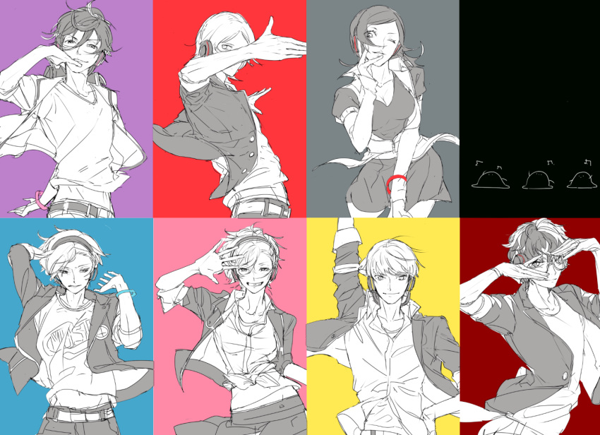 2girls 5boys a_(xxxnulll) amamiya_ren amano_maya arm_up bracelet crossover female_protagonist_(persona_3) glasses headphones jewelry multicolored multicolored_background multiple_boys multiple_girls narukami_yuu persona persona_1 persona_2 persona_3 persona_3:_dancing_moon_night persona_4 persona_4:_dancing_all_night persona_5 persona_5:_dancing_star_night persona_dancing smile suou_tatsuya toudou_naoya yuuki_makoto