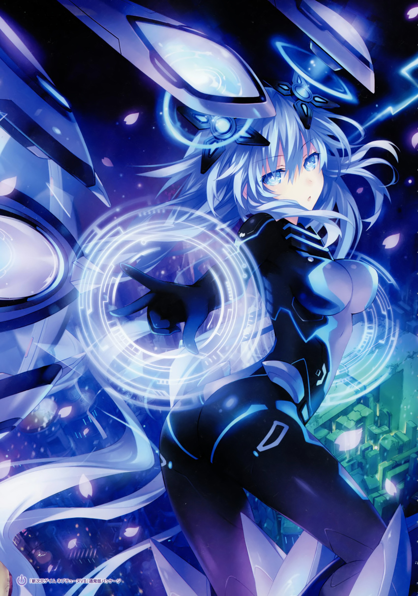 1girl absurdres arched_back ass bangs blue_eyes blue_hair bodysuit breasts building cityscape gloves hair_between_eyes headgear highres long_hair looking_at_viewer looking_back magic_circle magical_girl mechanical_wings medium_breasts neon_trim neptune_(series) next_purple official_art open_mouth outstretched_arm purple_hair purple_heart scan shin_jigen_game_neptune_vii solo standing symbol-shaped_pupils tsunako twintails very_long_hair wings