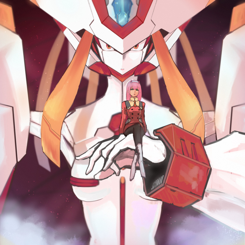 1girl absurdres bodysuit boots breasts darling_in_the_franxx eyebrows_visible_through_hair green_eyes hairband highres horns humanoid_robot legs_crossed looking_at_viewer mecha medium_breasts orange_neckwear pilot_suit pink_hair red_bodysuit room16 sitting solo strelizia uniform white_hairband zero_two_(darling_in_the_franxx)