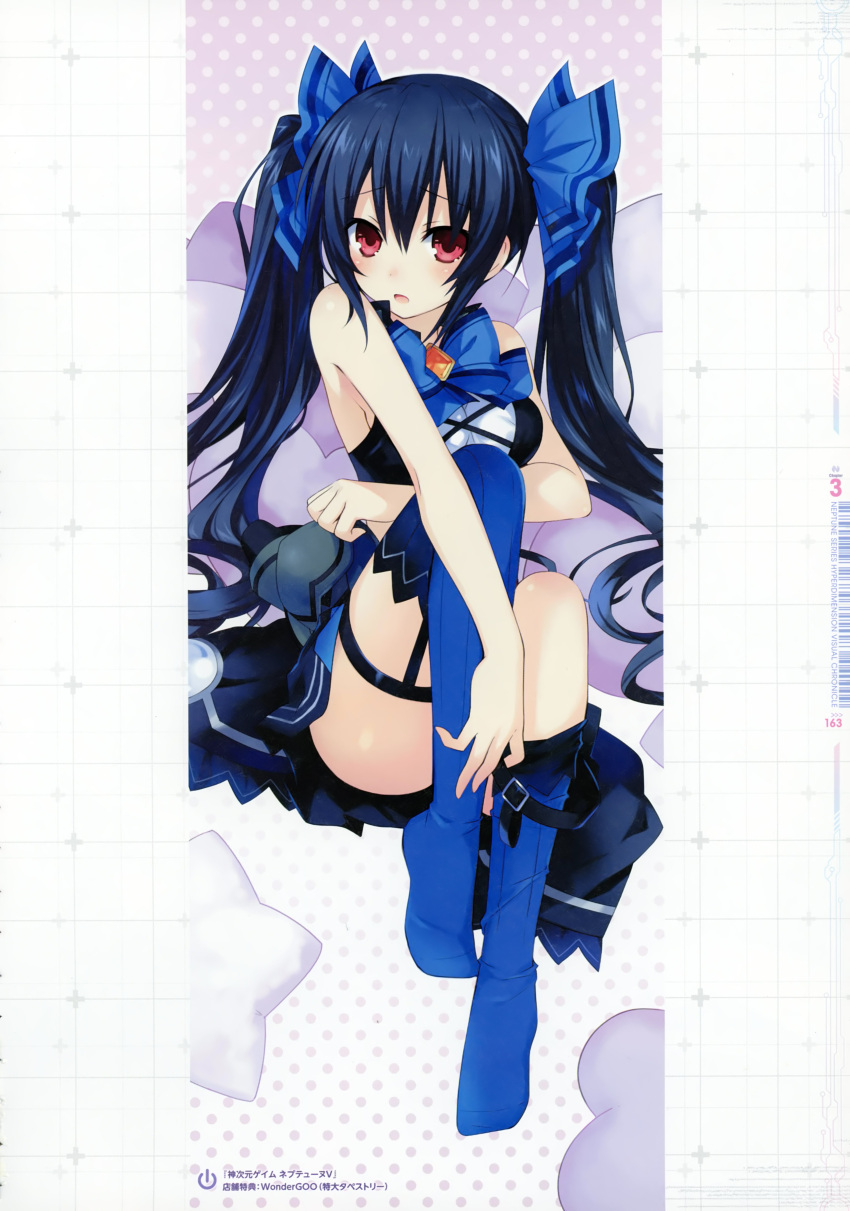 1girl absurdres bangs bare_shoulders blue_legwear blush bow breasts eyebrows_visible_through_hair gradient gradient_background hair_bow highres long_hair looking_at_viewer medium_breasts neptune_(series) noire official_art open_mouth polka_dot polka_dot_background ribbon scan simple_background skirt sleeveless solo tsunako twintails