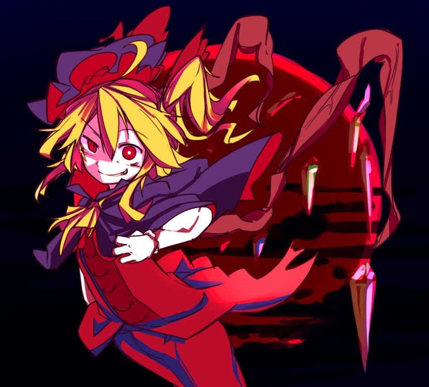 1girl alternate_costume bangs black_background blonde_hair capelet commentary_request cowboy_shot eyebrows_visible_through_hair flandre_scarlet furorina grin hair_between_eyes hat looking_at_viewer mob_cap red_eyes side_ponytail sidelocks smile solo touhou