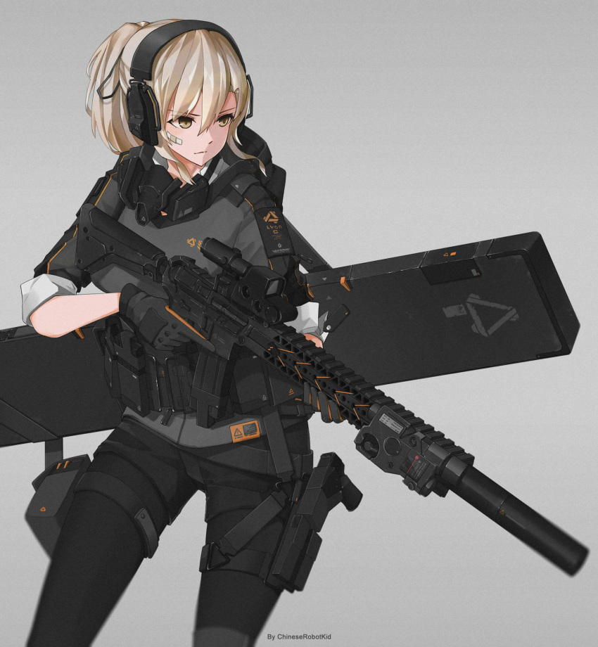 1girl bandaid bandaid_on_face chinese_robot_kid eotech gas_mask girls_frontline gun gun_case headset highres laser_sight legwear_under_shorts load_bearing_vest lvoa-c original rifle shorts suppressor thigh-highs trigger_discipline weapon