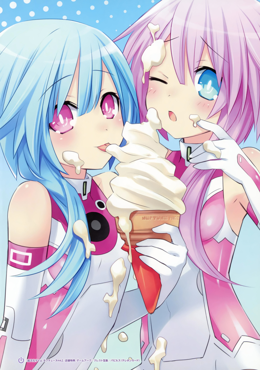 2girls absurdres bare_shoulders blue_eyes blue_hair eating food gloves highres ice_cream long_hair looking_at_viewer multiple_girls neptune_(series) official_art phallic_symbol pink_hair power_symbol scan sexually_suggestive smile suggestive_fluid symbol-shaped_pupils tsunako white_sister_ram white_sister_rom