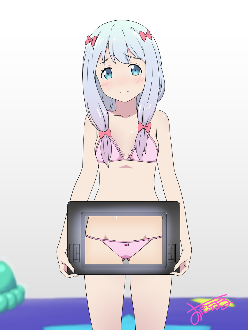 1girl absurdres aqua_eyes blurry blurry_background blush bow bra closed_mouth eromanga_sensei eyebrows_visible_through_hair hair_bow highres holding_object izumi_sagiri lace lace-trimmed_bra long_hair looking_at_viewer low-tied_long_hair panties pink_bow pink_bra pink_panties shirihime signature silver_hair solo stuffed_animal stuffed_octopus stuffed_toy tablet underwear underwear_only