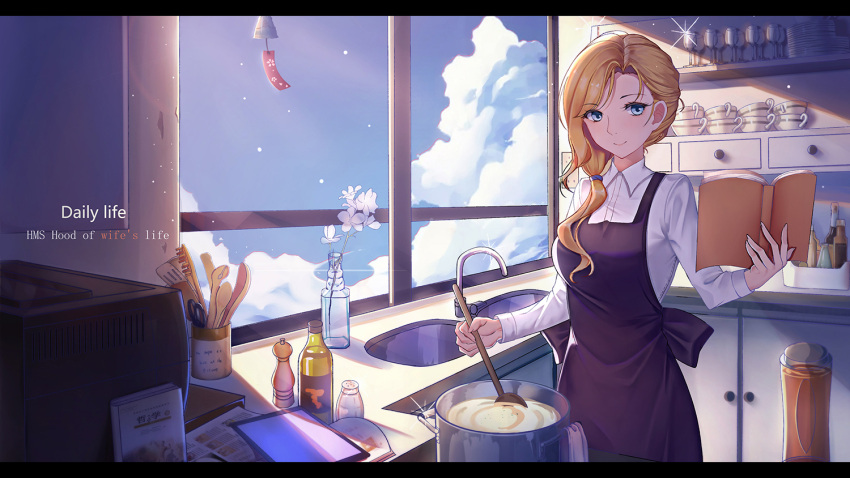 1girl alternate_costume apron azur_lane bangs blonde_hair blue_eyes blue_sky blush book bottle breasts collared_shirt cooking cup cupboard drinking_glass eyebrows_visible_through_hair faucet flower food hair_ornament hair_over_shoulder holding holding_book holding_spoon hood_(azur_lane) indoors j_junz kitchen light_particles long_hair long_sleeves looking_at_viewer medium_breasts parted_bangs pepper_shaker pot salt_shaker shirt sink sky smile solo sparkle standing stirring teacup utensil white_shirt wind_chime window