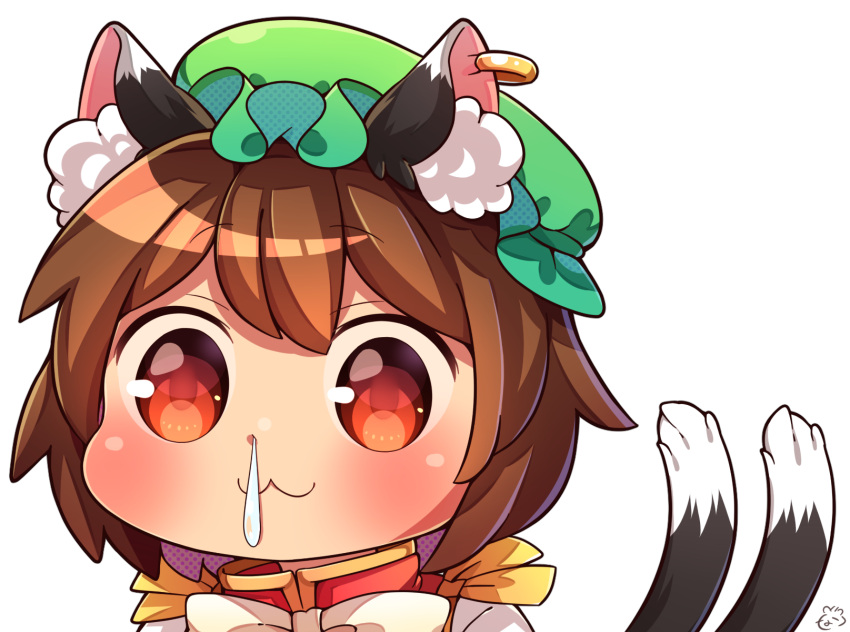 1girl :3 animal_ears bangs blush bow bowtie brown_hair cat_ears cat_tail chen chinese_clothes closed_mouth commentary_request frills green_hat hat highres ibaraki_natou jewelry messy_hair mob_cap multiple_tails nekomata red_eyes red_vest shirt short_hair signature single_earring snot_trail solo tail touhou transparent_background two_tails vest white_shirt yellow_neckwear
