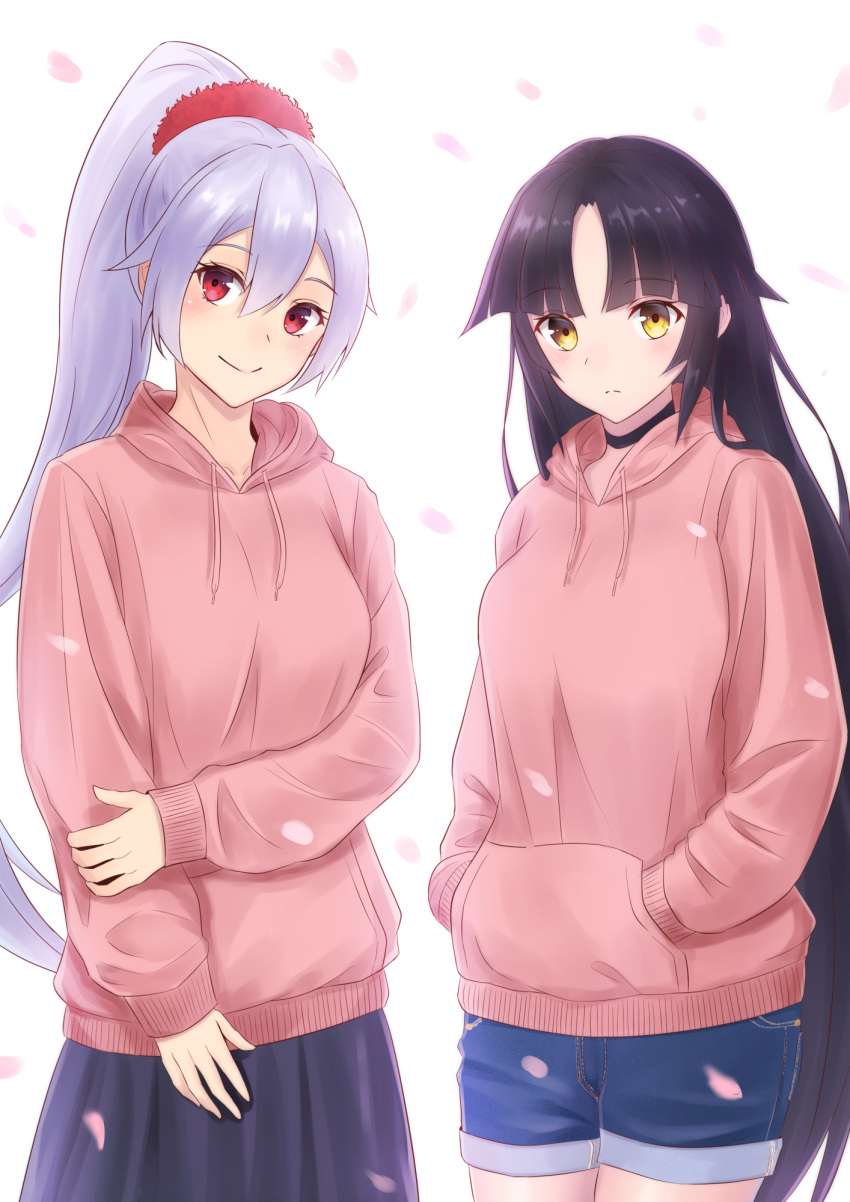 2girls alternate_costume black_hair breasts cherry_blossoms closed_mouth commentary_request eyebrows_visible_through_hair fate/grand_order fate_(series) furan_(pixiv20237436) hair_between_eyes hands_in_pockets highres hood hoodie katou_danzou_(fate/grand_order) long_hair looking_at_viewer medium_breasts multiple_girls ponytail red_eyes red_ribbon ribbon silver_hair smile tomoe_gozen_(fate/grand_order) very_long_hair yellow_eyes