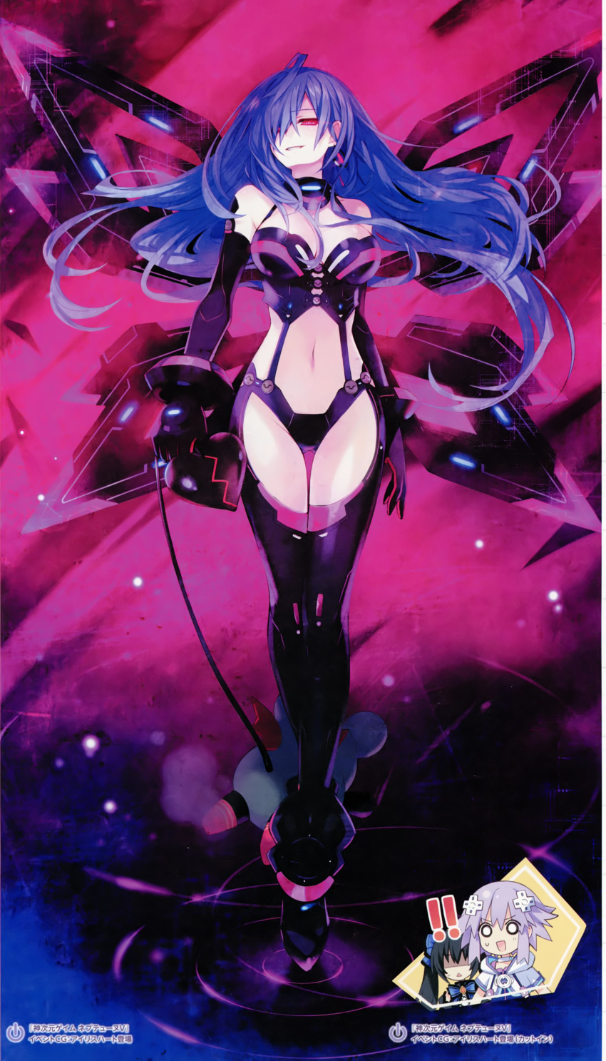 1girl absurdres bare_shoulders black_gloves boots breasts dominatrix earrings elbow_gloves game_cg gloves hair_over_one_eye heart highres holding iris_heart jewelry kami_jigen_game_neptune_v large_breasts light_trail logo long_hair looking_at_viewer midriff navel neptune_(series) official_art purple_hair red_eyes ripples smirk standing thigh-highs thigh_boots thigh_gap tsunako very_long_hair warechu wings