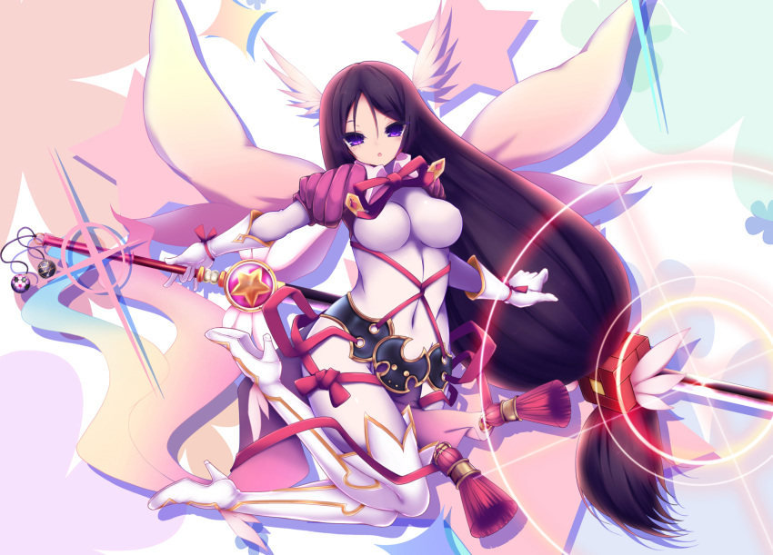 1girl akina_t bangs bodysuit breasts covered_navel fate/grand_order fate/kaleid_liner_prisma_illya fate_(series) gloves highres kaleidostick large_breasts loincloth long_hair looking_at_viewer low-tied_long_hair magical_girl magical_ruby minamoto_no_raikou_(fate/grand_order) parted_bangs purple_bodysuit purple_hair ribbed_sleeves rope solo thigh-highs very_long_hair violet_eyes wand