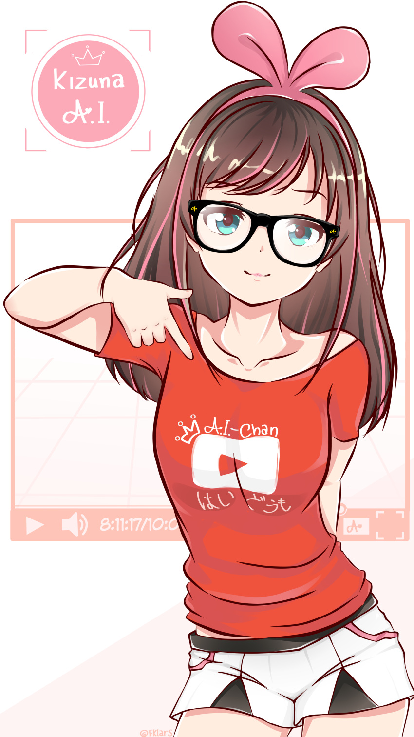 1girl :3 a.i._channel absurdres aqua_eyes arm_behind_back artist_name black-framed_eyewear breasts brown_hair character_name clothes_writing collarbone contrapposto cowboy_shot english_commentary eyebrows_visible_through_hair fklars glasses hair_ornament highres kizuna_ai long_hair looking_at_viewer medium_breasts multicolored_hair off_shoulder pink_hair play_button pointing pointing_at_self red_shirt shirt short_shorts short_sleeves shorts smug solo streaked_hair t-shirt twitter_username virtual_youtuber white_shorts youtube