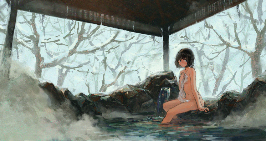 1girl arm_at_side bare_tree black_hair blue_eyes blush breasts covering day hand_on_own_chest highres holding holding_towel looking_at_viewer nose_blush nude_cover onsen original parted_lips reflection revision rock short_hair sitting small_breasts snow soaking_feet solo steam tentsu towel tree under_boob wallpaper water