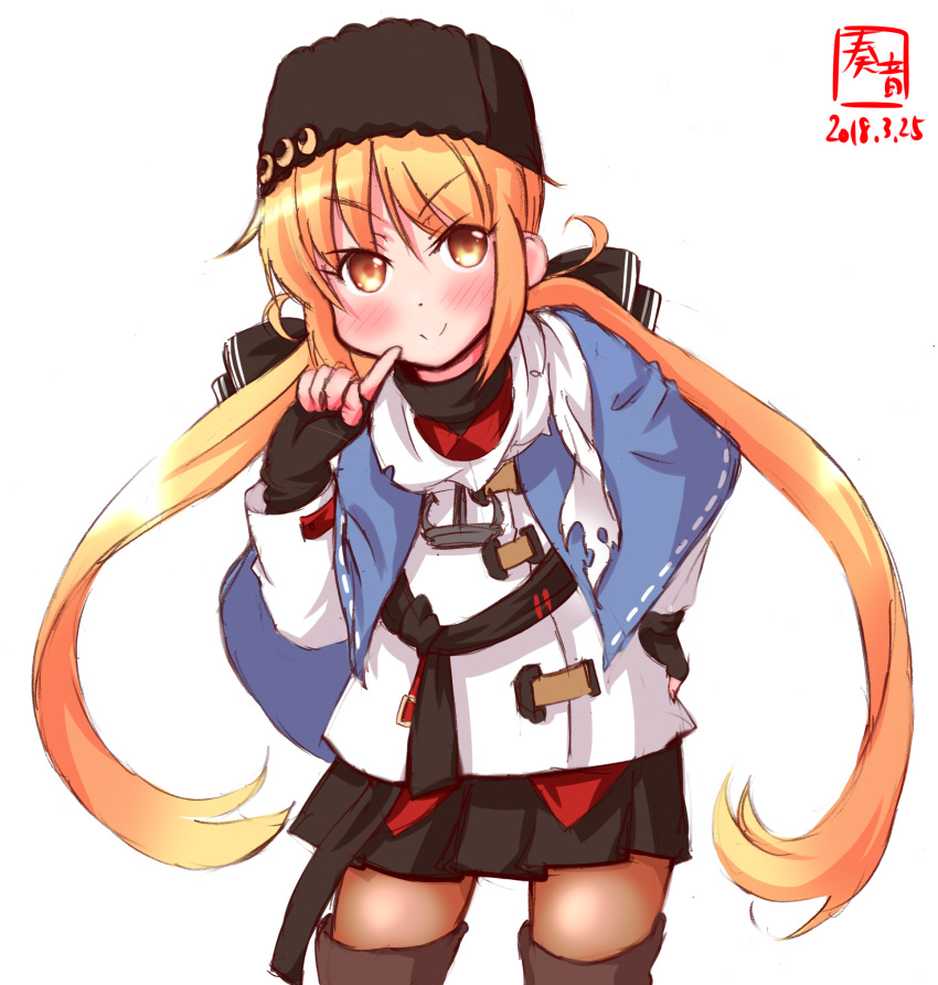 1girl anchor_necklace black_bow black_gloves black_hat black_skirt blonde_hair blue_shawl bow brown_legwear commentary_request cosplay cowboy_shot dated fingerless_gloves gloves hair_bow hair_ornament hat highres index_finger_raised jacket kanon_(kurogane_knights) kantai_collection logo long_hair looking_at_viewer low_twintails pantyhose papakha red_shirt ribbon_trim satsuki_(kantai_collection) scarf shirt simple_background skirt smile solo star tashkent_(kantai_collection) tashkent_(kantai_collection)_(cosplay) torn_scarf twintails white_background white_jacket white_scarf yellow_eyes