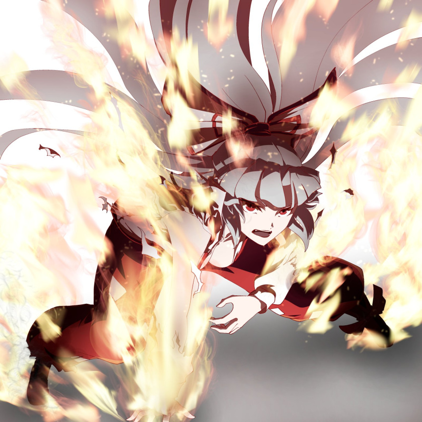 1girl arm_support black_tongue bow breasts burning cleavage commentary fire flame floating_hair fujiwara_no_mokou full_body gradient gradient_background grey_background grey_hair hair_bow highres kikoka_(mizuumi) kneeling large_breasts long_hair long_sleeves looking_at_viewer magic open_mouth pants puffy_long_sleeves puffy_pants puffy_sleeves red_eyes red_pants shirt shoes slit_pupils solo suspenders teeth thick_eyebrows tongue torn_clothes touhou tsurime v-shaped_eyebrows white_bow white_shirt