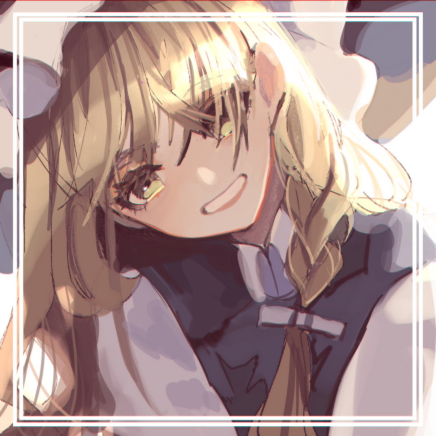 1girl :d black_vest blonde_hair braid collared_shirt commentary_request crossed_bangs ears eyebrows_visible_through_hair eyelashes frame grin hair_over_one_eye hair_ribbon hat head_tilt highres kirisame_marisa long_hair looking_at_viewer open_mouth parted_lips ribbon shirt side_braid simple_background single_braid smile solo takushiima touhou upper_body vest white_background white_ribbon white_shirt yellow_eyes