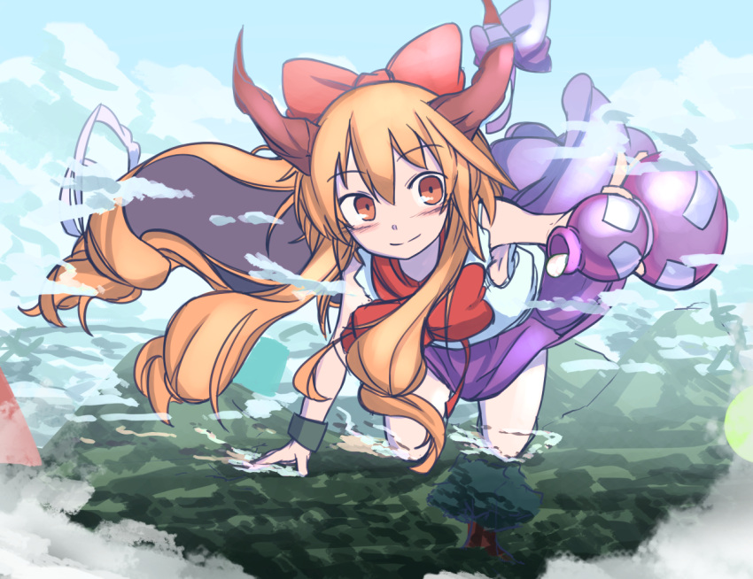 1girl bangs blush bow closed_mouth commentary_request day eyebrows_visible_through_hair furorina giantess gourd hair_bow holding horn_bow horns ibuki_suika long_hair nature orange_eyes orange_hair outdoors purple_bow purple_skirt red_bow sidelocks skirt sleeveless smile solo touhou tree
