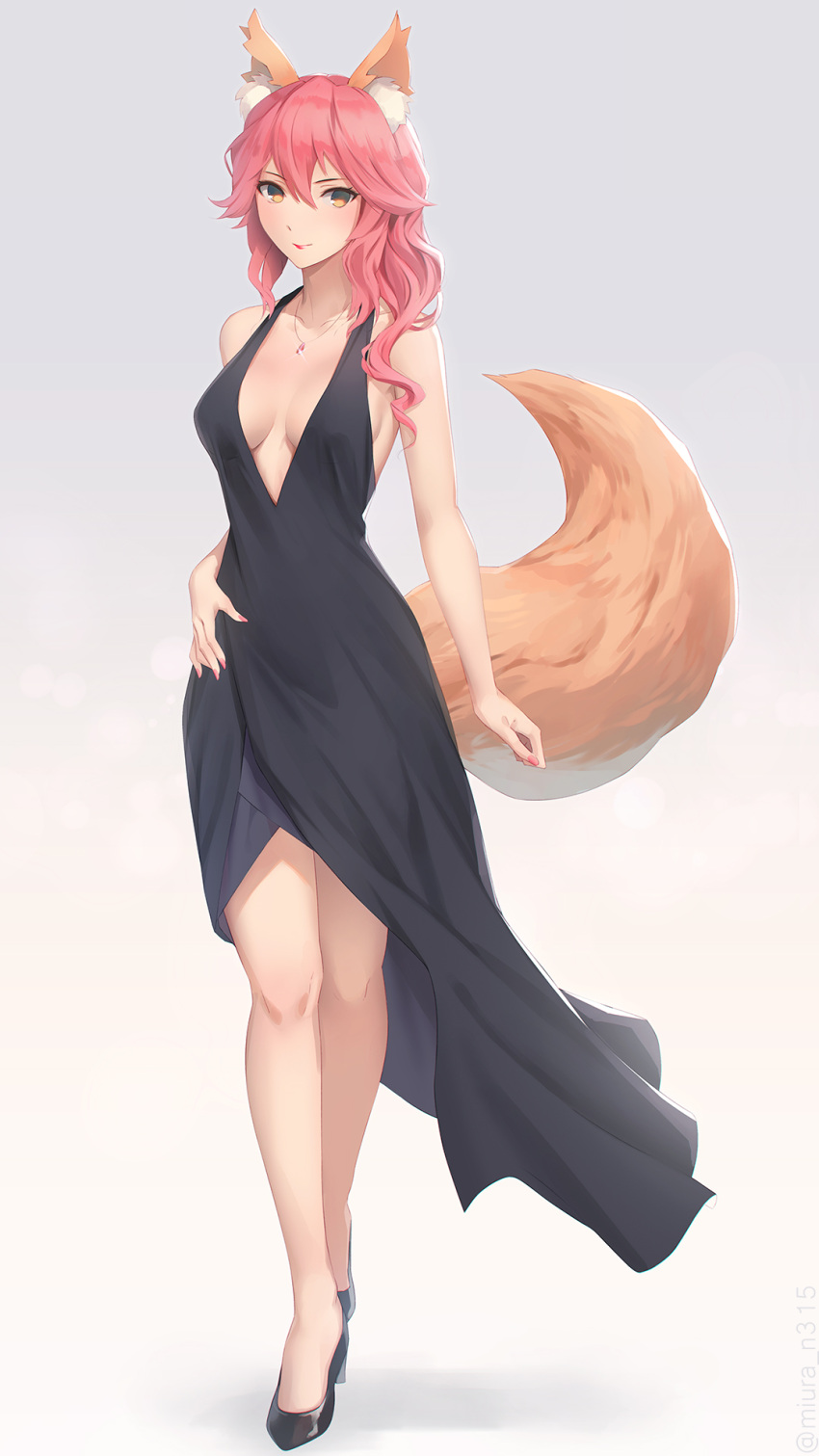 1girl animal_ears bare_legs bare_shoulders black_dress black_footwear blush board_game breasts cleavage collarbone dress fate/extra fate_(series) fox_ears fox_tail full_body go hair_between_eyes high_heels highres jewelry large_breasts long_hair looking_at_viewer miura-n315 nail_polish necklace pink_hair pink_nails sideboob simple_background sleeveless sleeveless_dress smile solo standing tail tamamo_(fate)_(all) tamamo_no_mae_(fate) yellow_eyes