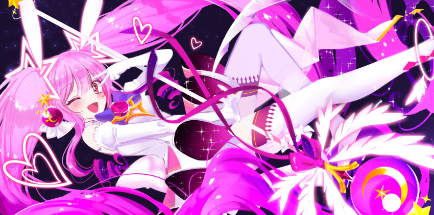 1girl ;d aisha_(elsword) black_background boo_1 boots bow brooch cropped_feet dress elbow_gloves elsword gloves happy highres jewelry long_hair looking_at_viewer magical_girl metamorphy_(elsword) one_eye_closed open_mouth purple_bow purple_hair smile solo staff star star_in_eye symbol_in_eye thigh-highs thigh_boots twintails v violet_eyes white_dress white_footwear white_gloves zettai_ryouiki