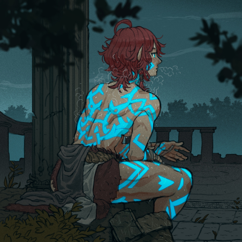 1boy arthur_asa bare_back blue_eyes dungeons_and_dragons elf highres muscle pointy_ears redhead short_hair sitting tattoo