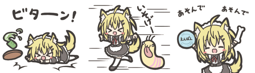 &gt;_&lt; 1girl :d ahoge animal_ears apron bangs black_dress black_footwear blonde_hair blush_stickers bone bowl chibi closed_eyes cup dog_ears dog_girl dog_tail dress eyebrows_visible_through_hair facing_viewer fleeing green_tea hair_between_eyes holding holding_bone holding_bowl long_hair lying maid maid_headdress on_stomach open_mouth original outstretched_arms pet_bowl puffy_short_sleeves puffy_sleeves rinechun running short_sleeves smile spilling spread_arms tail tea thigh-highs tongue tongue_out translation_request tray tripping white_apron white_legwear xd yunomi