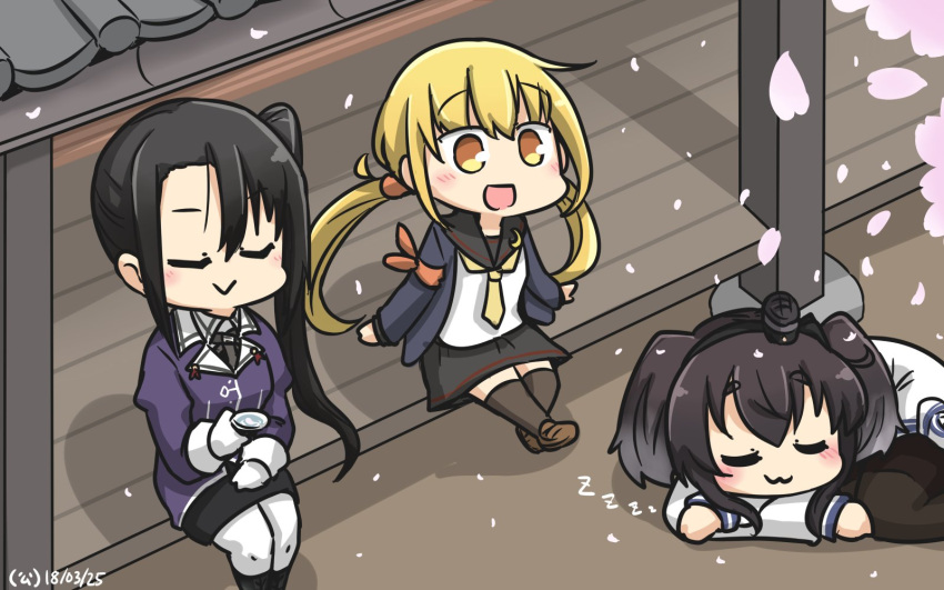 3girls :3 :d alcohol black_hair black_legwear black_sailor_collar black_skirt blonde_hair blush brown_footwear closed_eyes commentary crescent crescent_moon_pin cup dated hamu_koutarou highres holding jacket juliet_sleeves kantai_collection long_hair long_sleeves low_twintails military military_uniform multiple_girls nachi_(kantai_collection) open_mouth pantyhose petals puffy_sleeves purple_jacket remodel_(kantai_collection) sailor_collar sakazuki sake satsuki_(kantai_collection) shoes side_ponytail sitting skirt sleeping smile thigh-highs tokitsukaze_(kantai_collection) twintails uniform white_legwear zzz