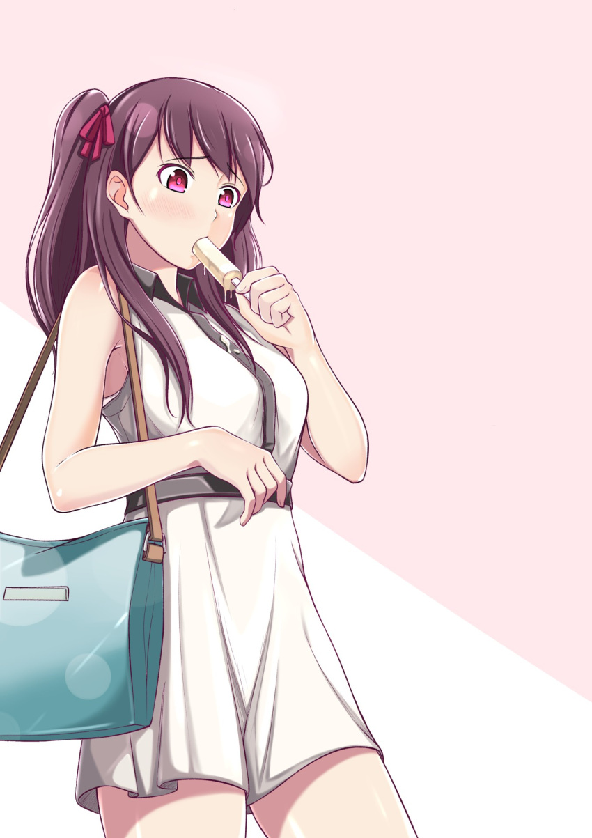 1girl bag brown_hair dress food food_on_clothes girls_frontline hair_ribbon highres popsicle purple_hair purple_ribbon ribbon simple_background sleeveless sleeveless_dress solo twintails wa2000_(girls_frontline) yousan00