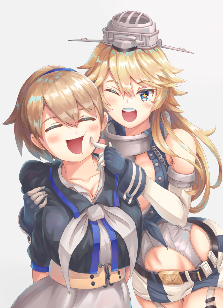 2girls blonde_hair blue_eyes breasts brown_hair cheek_poking closed_eyes cowboy_shot elbow_gloves fingerless_gloves front-tie_top gloves grey_neckwear highres intrepid_(kantai_collection) iowa_(kantai_collection) jiang_shennong kantai_collection large_breasts miniskirt multiple_girls one_eye_closed open_mouth poking ponytail short_hair simple_background skirt star star-shaped_pupils striped symbol-shaped_pupils thigh-highs vertical_stripes white_background white_neckwear white_skirt
